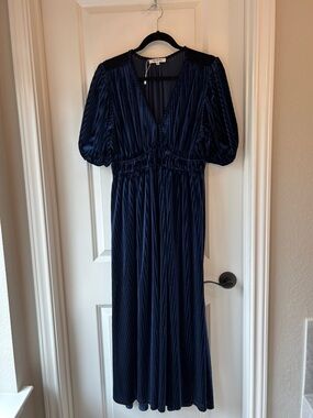 Dark Navy Pleated Maxi Dress with Puff Sleeves